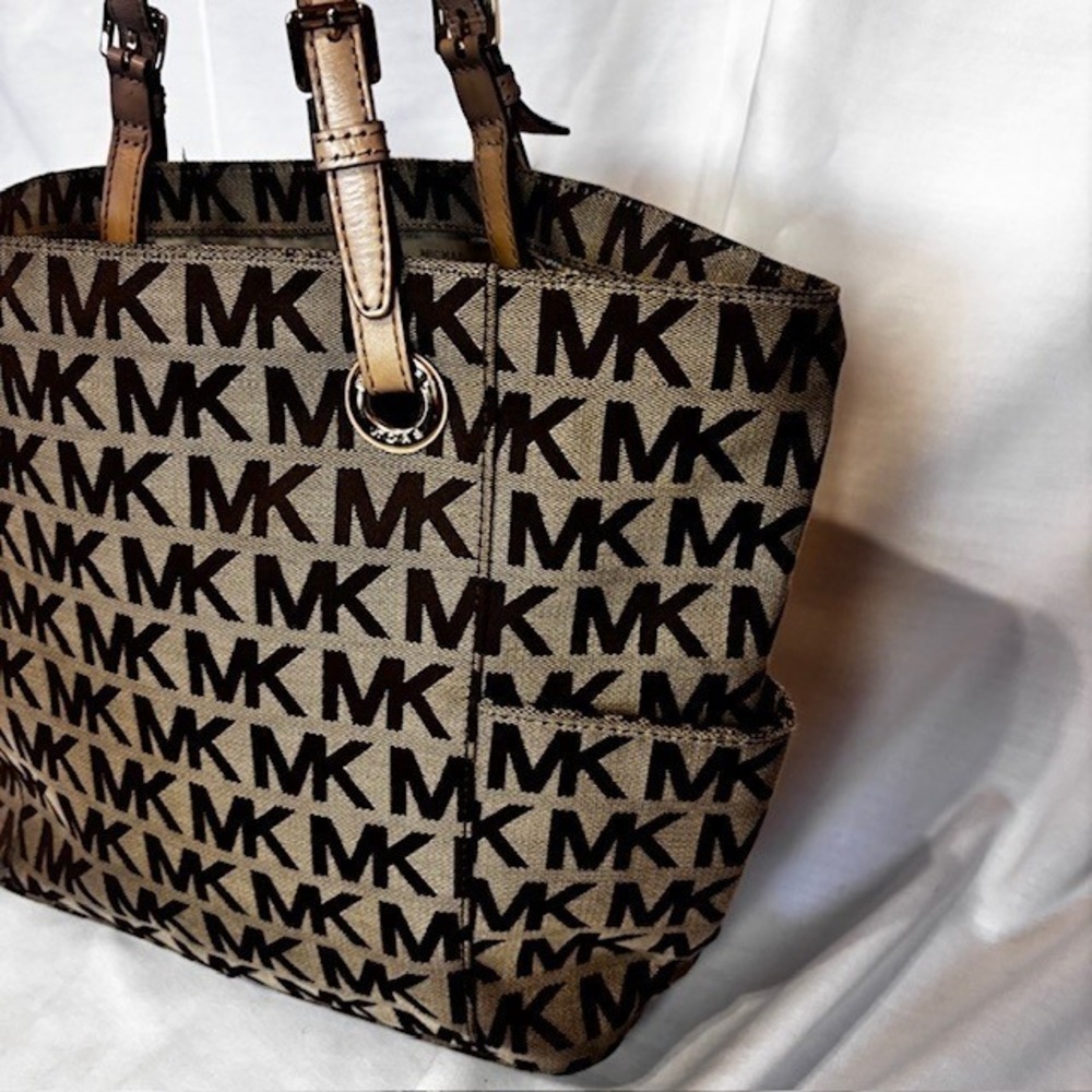 Michael Kors MK Logo Canvas Tote Bag Brown Tan Large Shoulder Bag - Picture 3 of 13